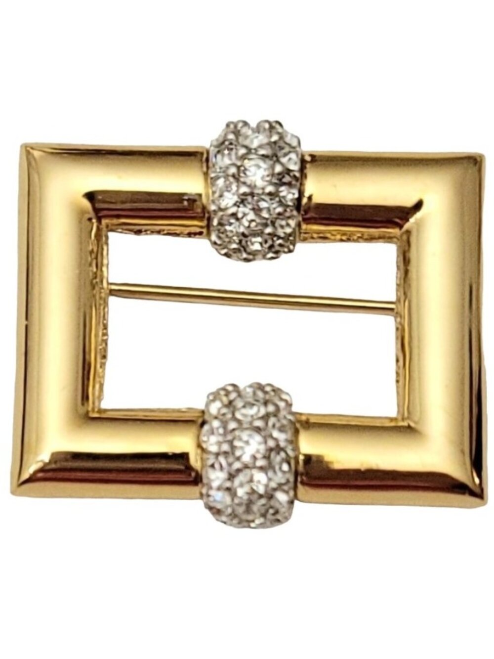 D'Orlan Gold Tone Clear Rhinestone Square, Open Bar Pin Brooch, Signed